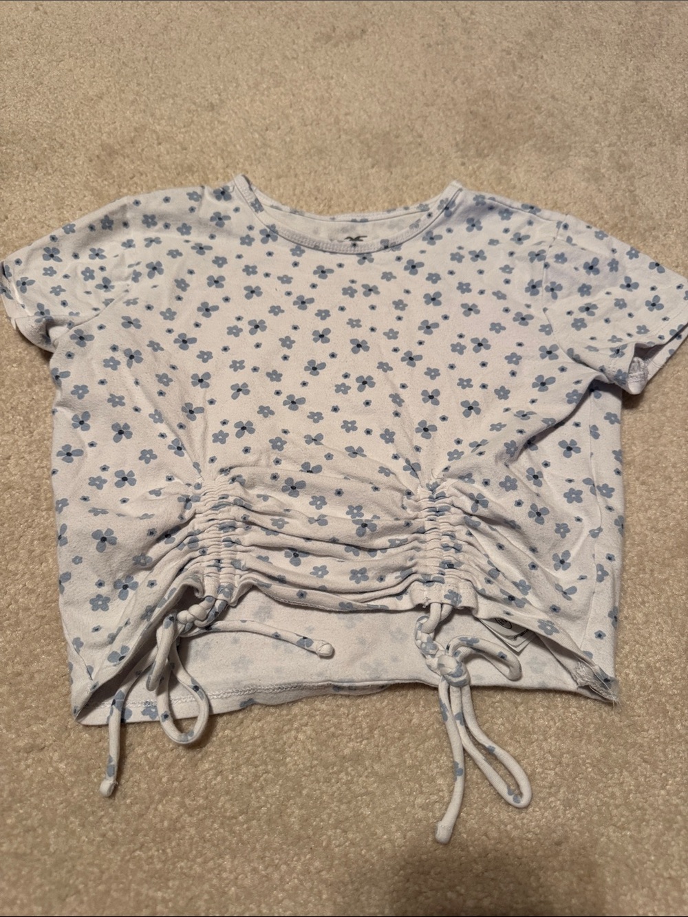 Hollister White Crop Top with Blue Floral Print and Drawstring